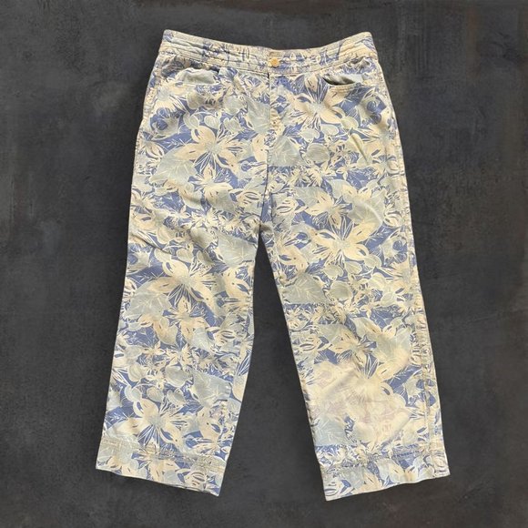 Sigrid Olsen So Blue Cropped Pants Womens Size 14P Blue White Flower 100% Cotton - Picture 1 of 9